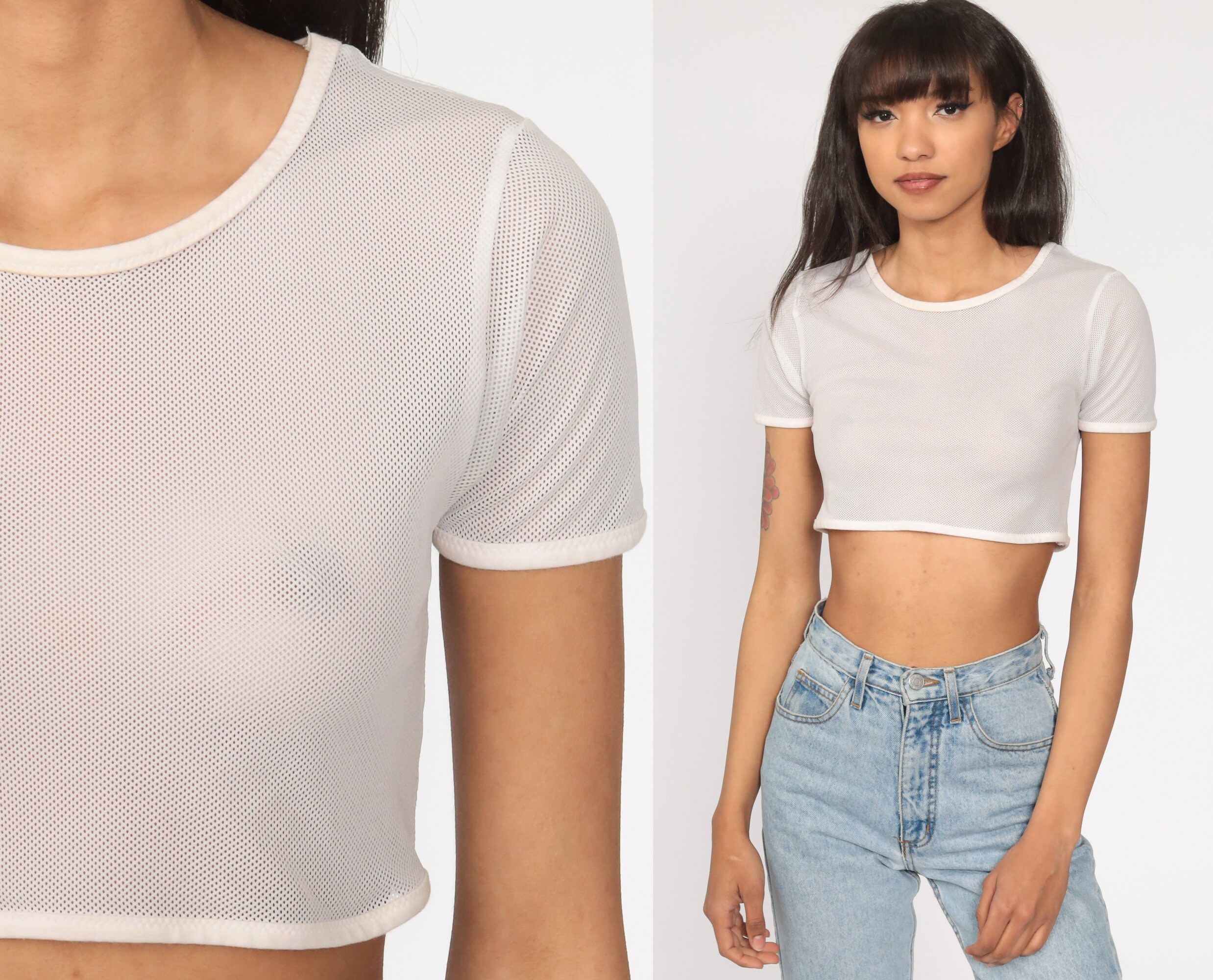 Mesh Crop Top Sheer White Shirt 90s Sheer Tshirt Vintage 1990s Cut Out Top Cropped Small S