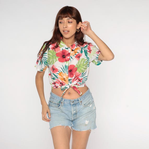 Tropical Hibiscus Crop Top Y2K Pink Coral Orange Green Hawaiian Floral Tie Front Short Sleeve Summer Vacation Beach Vintage Button Up Medium