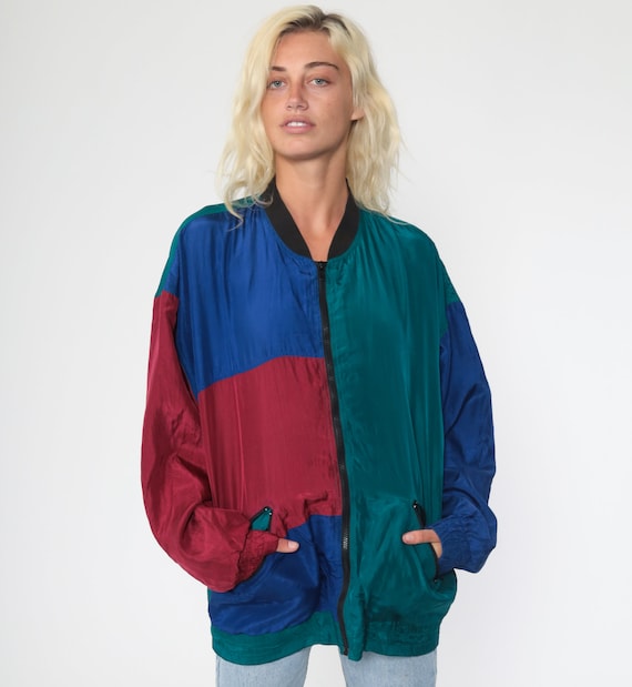 Silk Color Block Jacket 80s Windbreaker Jacket Teal Red Blue Retro Kawaii  Bomber Jacket Vintage 90s Preppy Extra Large Xl L 