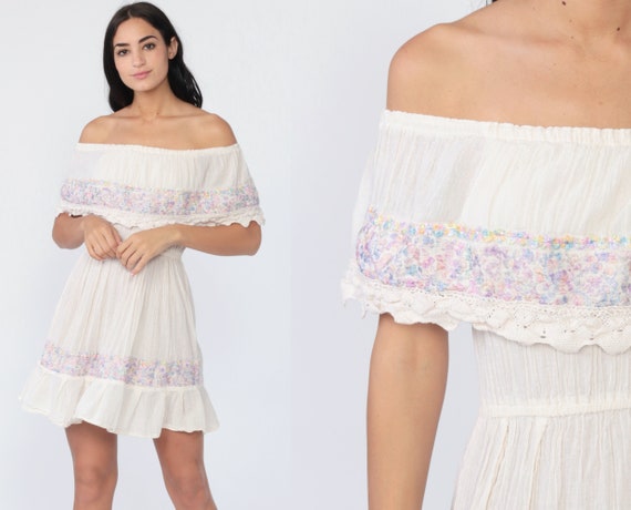 Off Shoulder Mexican Dress Mini Boho Embroidered L