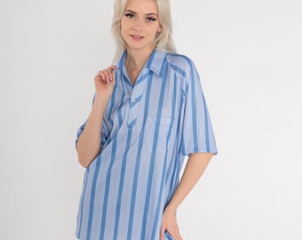 Blue Striped Polo Shirt 70s Half Button Up Shirt Collared Short Sleeve Retro T-Shirt Plain Preppy Pocket Orange Vintage 1970s Mens Large L