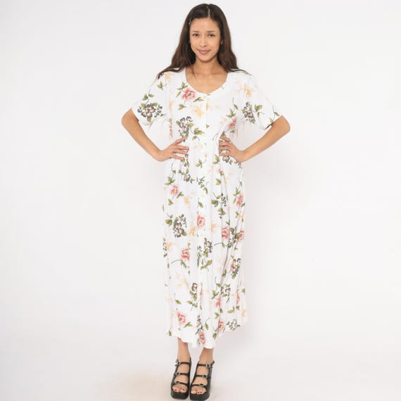 90s Floral Maxi Dress White Short Sleeve Rose Cottagecore Prairie Garden Party Summer Spring Fairycore Sundress Easter Gathered Waist Medium