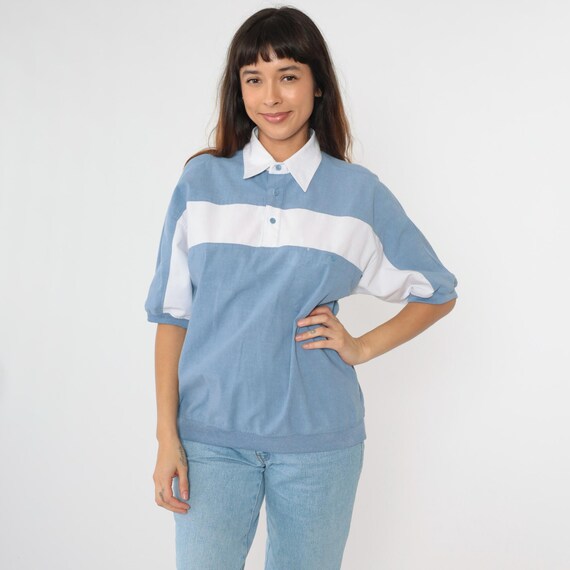 90s Striped Shirt Blue White Collared Polo Shirt 80s Retro Slouchy Short Sleeve Banded Hem Top Casual Preppy 1990s Vintage Oversized Medium