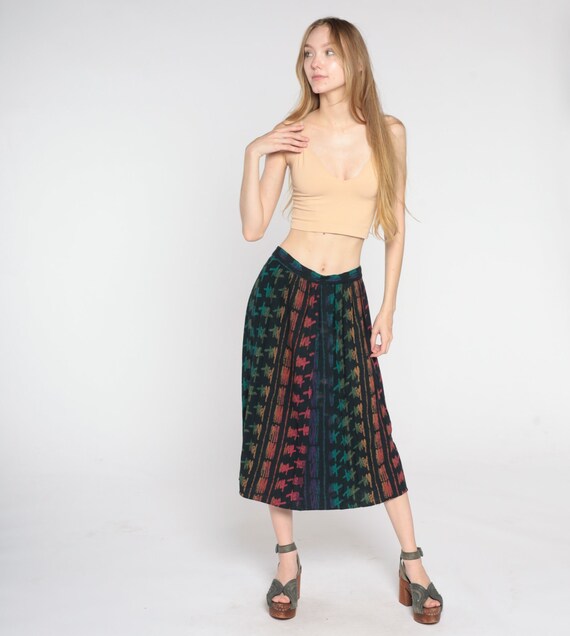 Vintage Boho Midi Skirt 90s Black Abstract Brushstroke Print Skirt Rainbow Grunge Hippie Bohemian High Waisted Festival Party 1990s Small S
