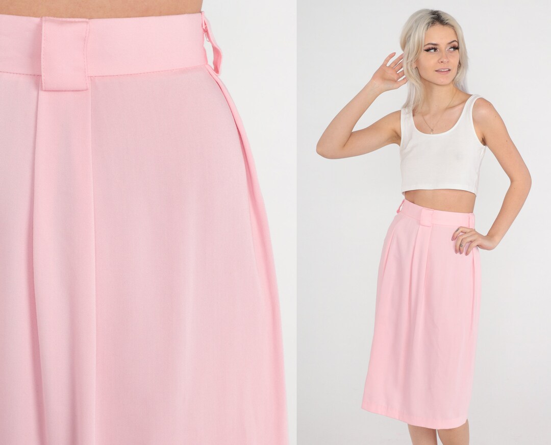 Baby Pink Skirt 80s Midi Skirt High Waisted Retro Simple Plain