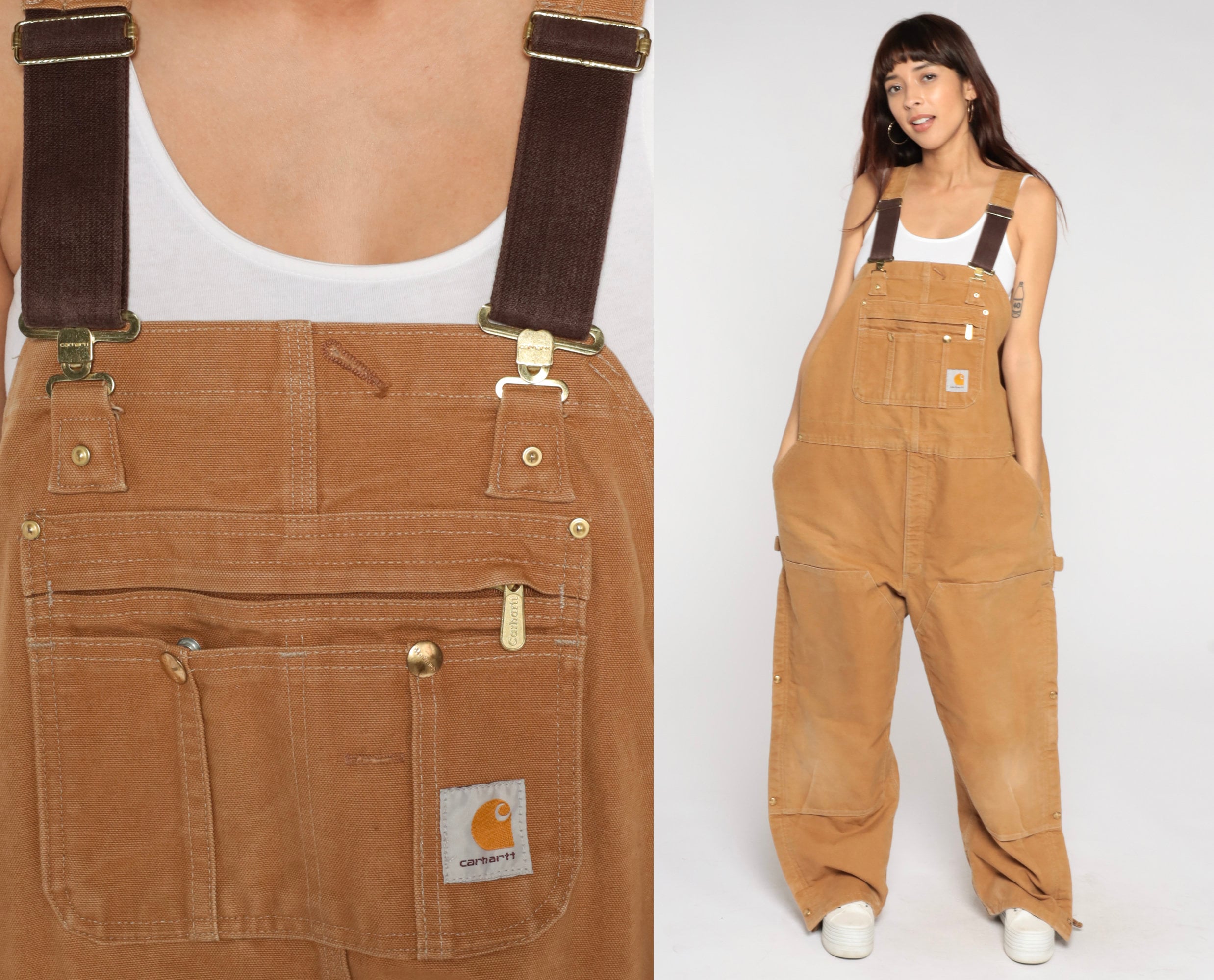 Carhartt Bib Overalls Men 46 X 30 Brown Vintage USA Insulated Quilt Canvas  FLAWS