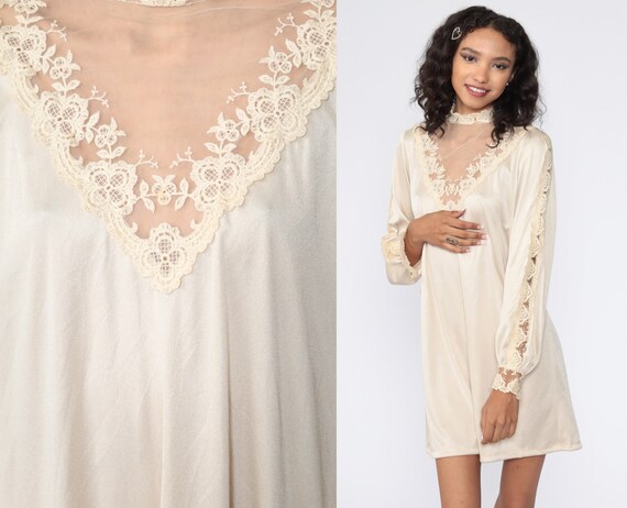 Victorian Lace Dress 70s Sheer Cream Mini Mesh Ill