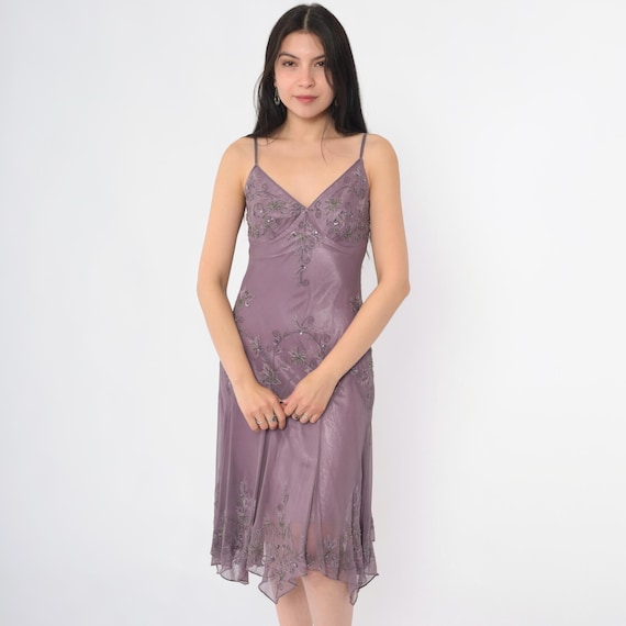 Y2k Adrianna Papell Boutique Dress Purple Silk Beaded Floral Asymmetrical Hem Vintage Spaghetti Strap Fairy Party V Neck Midi Petite 2 xs