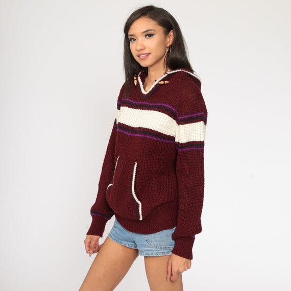 Hooded Sweater 80s Striped Knit Hoodie Burgundy S… - image 4