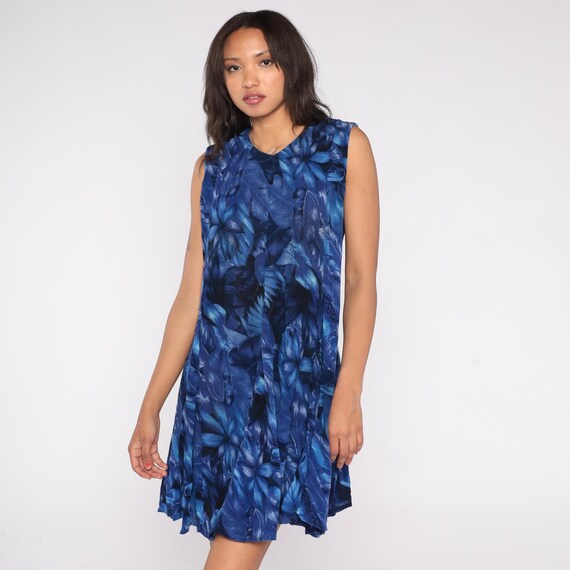 90s Blue Floral Rayon Dress Sleeveless A Line Keyhole Back American Angel Lightweight Summer Mini Length Flowy Tropical Floral Fit Small S