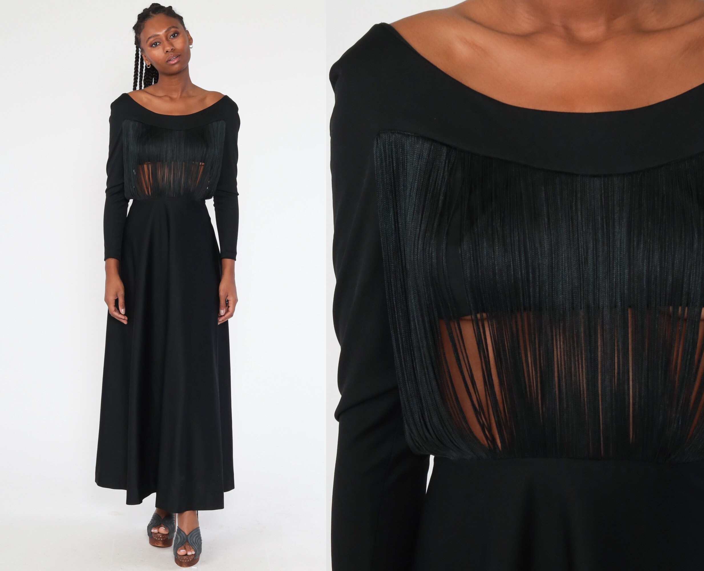 Fringe Cutout Dress 70s Black Party 