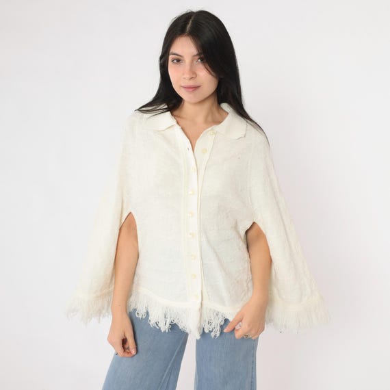 Vintage White Poncho 70s Knit Fringe Sweater Cape Textured Hippie Boho 1970s Bohemian Button Up Extra Small Medium xs
