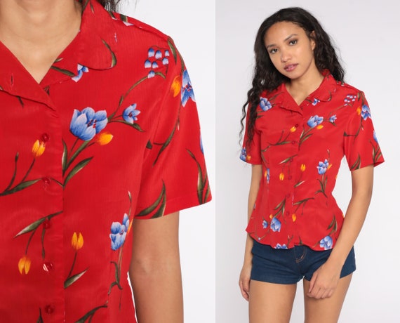 Red Floral Blouse 80s Top Short Sleeve 