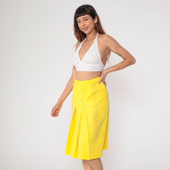 Yellow 70s Skirt Button Up Pleated Midi Skirt Fle… - image 3