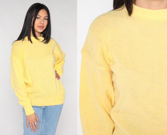 Yellow Sweater 80s Knit Pullover Sweater Retro Pl… - image 1