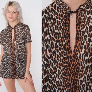 Leopard Print Top 70s Keyhole Blouse Cheetah Animal Print Shirt Short Sleeve Cutout Boho Party Mandarin Collar Vintage 1970s Medium Large image 1