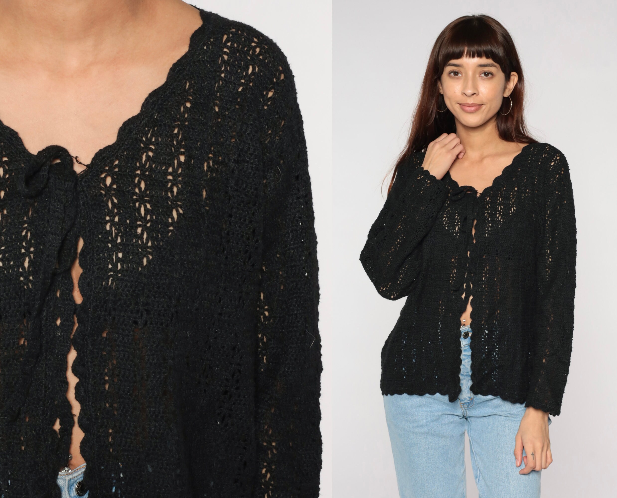 Black Crochet Cardigan 90s Sheer Knit 