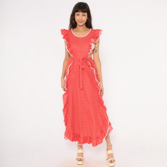 70s Ruffle Pinafore Dress Red Calico Print Flutter Sleeve Cutout Lace Trim Prairie Cottagecore Gay Gibson Apron Tie Front Floral Small S
