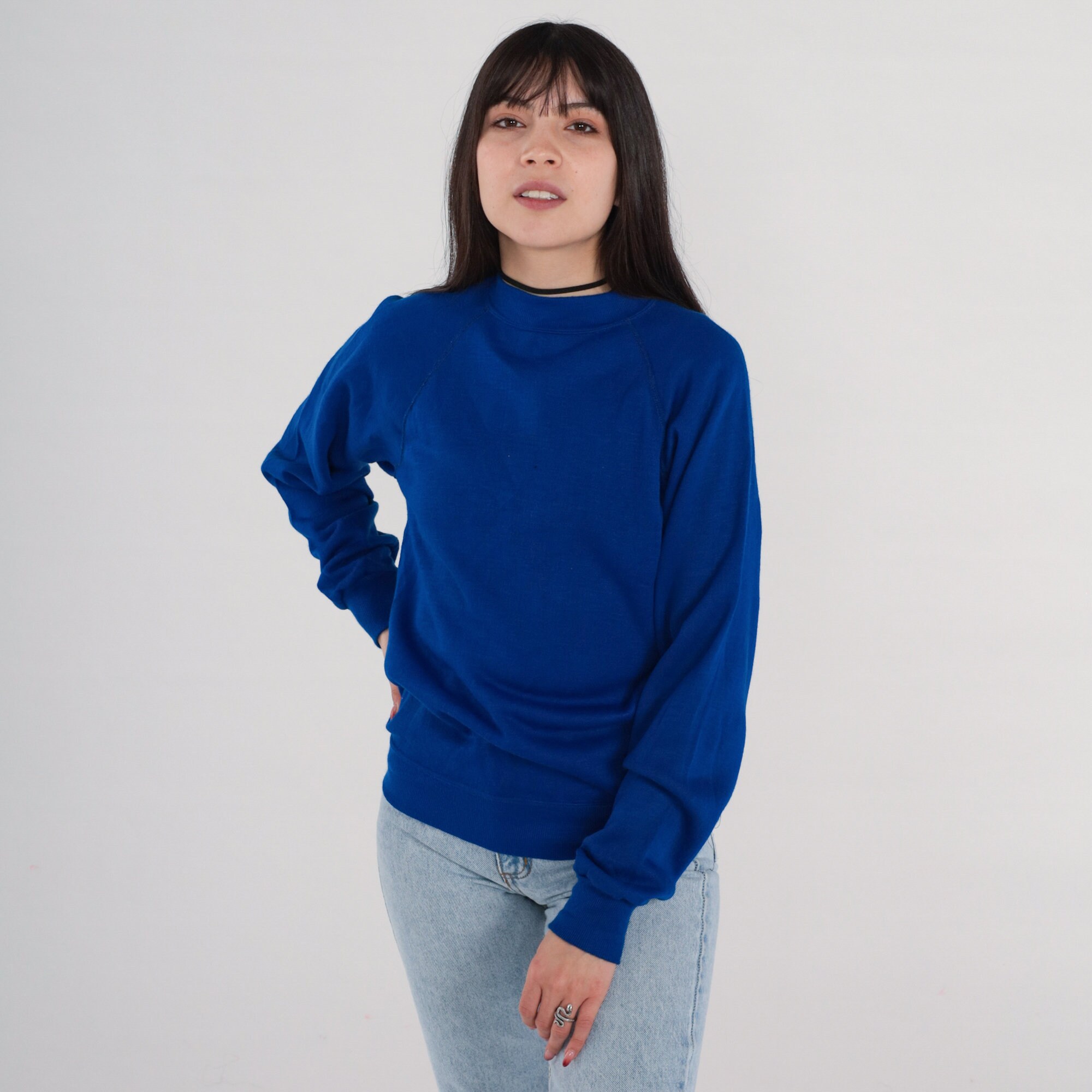 Blue Crewneck Sweatshirt 80s Plain Long Sleeve Shirt Crewneck ...