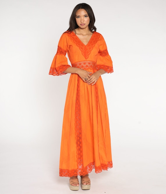 70s Mexican Dress Orange Bohemian Wedding Crochet LACE Sheer Bell Sleeve Pintuck V Neck Boho Hippie Vintage Empire Waist Extra Small xs
