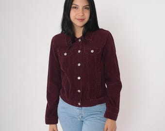 Chaqueta vintage de pana burdeos de los años 2000, ajustada, con botones en la parte delantera, estilo western, corte de camionero, vaqueros azules Old Navy Y2K, talla pequeña S