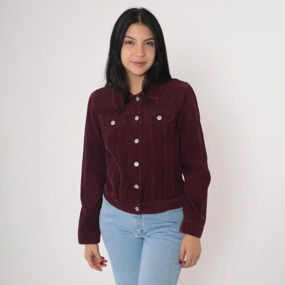 Vintage Burgundy Corduroy Jacket 2000s Fitted Button Front Western Style Trucker Cut Old Navy Blue Jeans Y2K Small S