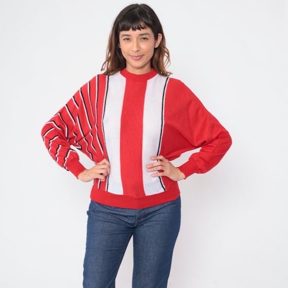Red Striped Sweater 80s Pullover Knit Sweater Dolman Batwing Sleeve Retro Crewneck Jumper White Black Vertical Stripes Vintage 1980s Medium