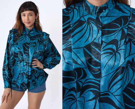 Leaf Print Top 80s Pleated Blouse Shiny Blue Black Tropical Mock Neck Long Balloon Sleeve Shirt Hidden Button up Boho Vintage 1980s Large L
