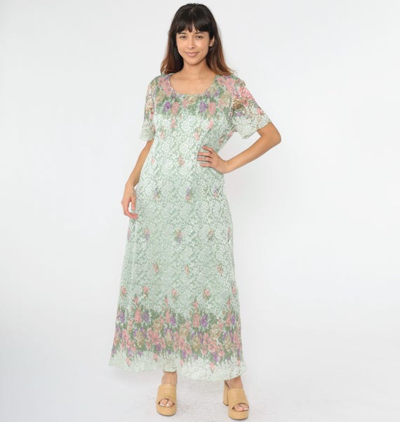 Vintage Floral Lace Dress 90s Pastel Green Maxi Dress 1990s Bohemian Party Short Sleeve Shift Summer Drape Scoop Neck 18 Plus Size