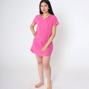 Bright Pink Tshirt Dress Vintage 90s Plain Micro Mini T Shirt Dress Slit Neckline Short Sleeve Normcore 1990s Simple Solid Pink Small S image 2