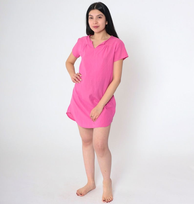 Bright Pink Tshirt Dress Vintage 90s Plain Micro Mini T Shirt Dress Slit Neckline Short Sleeve Normcore 1990s Simple Solid Pink Small S image 2