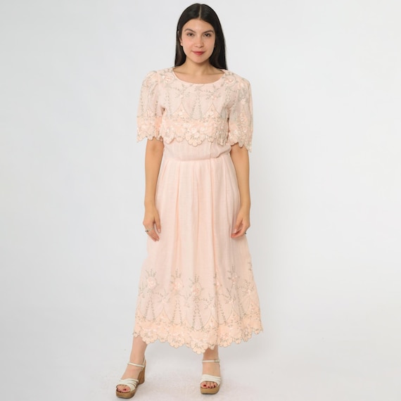 Blush Pink Dress 80s Cutout Linen Embroidered Floral Puff Sleeves Scalloped Hem Pastel Romantic Fairy Soft Girl Aesthetic Small S 8