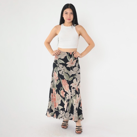 Vintage 90s Floral Skirt Black Rayon Maxi 1990s Peach Grunge Boho 1990s Long Hippie Festival Flowy High Elastic Waist Medium 10