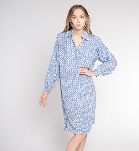 Vintage Checkered Dress 90s Midi Dress Retro Long Sleeve Button Up Shirtdress Preppy Casual Secretary Green Pink Knee Length 1990s Large 12