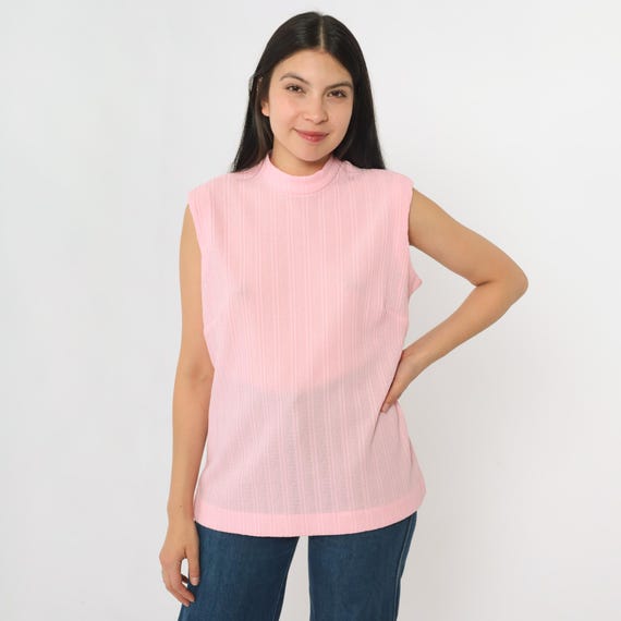 70s Pink Tank Top Mod Mock Neck Top Ribbed Sleeveless Shirt Retro Basic Plain Blouse Mockneck Simple Minimalist Vintage 1970s Large 12