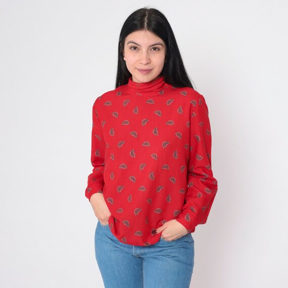 Red Paisley Blouse 80s Top Long Sleeve Mock Neck Back Bow Tie Mockneck Print Shirt Boho Secretary Statement Vintage 1980s Petite Medium 10