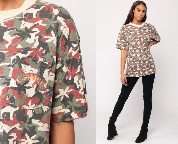 Camel Cigarette Shirt Camel Joe Shirt Ringer Tee Army Military Print Camo TShirt 80s Smokers T Shirt Vintage Retro Tee Pocket Extra Large xl