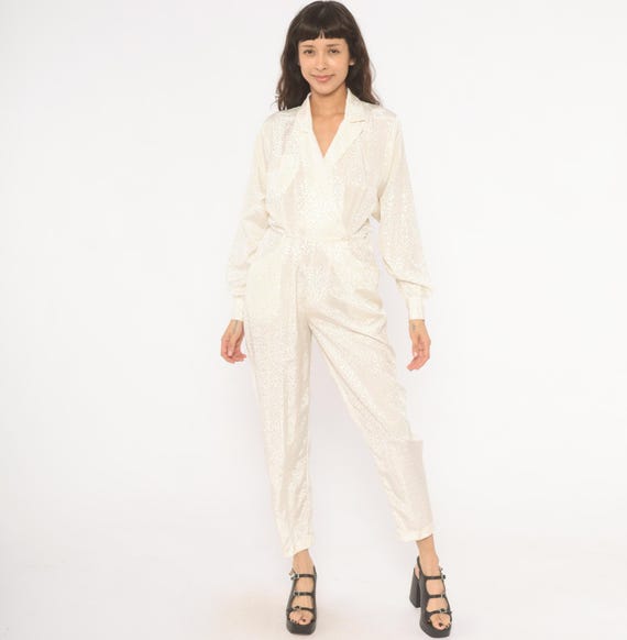 80s Jacquard Jumpsuit Cream Front Notched Collar Tapered Leg One Piece Vintage Satin Sheen Party Evening Cocktail Power Dressing Small S