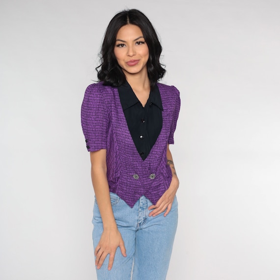 Puff Sleeve Blouse 80s 90s Purple Shirt Button Up Shirt 2fer Top Black Collared Vintage Short Sleeve Preppy Secretary Shirt 1980s Small