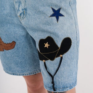 Cowboy Jean Shorts 90s High Waisted Denim Mom Shorts Western Star Hat Boot Patch Studded Concho Rodeo Mid Length Vintage 1990s Medium 30 image 7