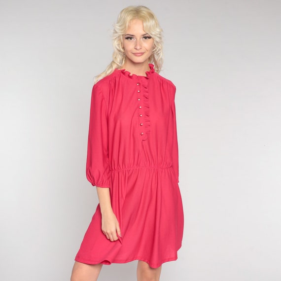 80s Shirtwaist Dress Bright Pink Ruffle Mini Dress Retro Button Up Secretary High Waist Shirtdress 3/4 Sleeve Vintage 1980s Minidress Large