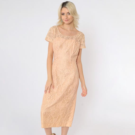 Vintage 60s Lace Party Dress Peach Sweetheart Neckline Cocktail Midi 1960s Mod Shift Sixties Formal Evening Mad Men Sleeveless Small S