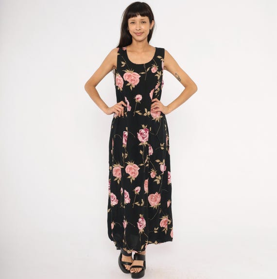 90s Grunge Rose Print Maxi Dress Black Pink Floral Sleeveless Open Back Tank Summer Sundress Dark Cottagecore Festival Prairie Gown Large L