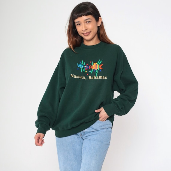 90s Nassau Bahamas Sweatshirt Dark Green Tropical Fish Crewneck Retro Caribbean Embroidered Pullover 1990s Graphic Vintage Extra Large xl