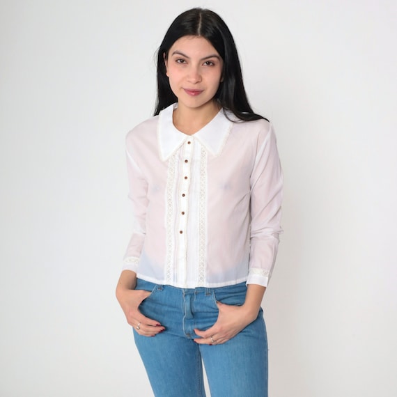 White Cutout Blouse 70s Floral Lace Top Semi-Sheer Long Sleeve Button up Shirt Collared Cut Out Boho Hippie Pleated Vintage 1970s Medium M