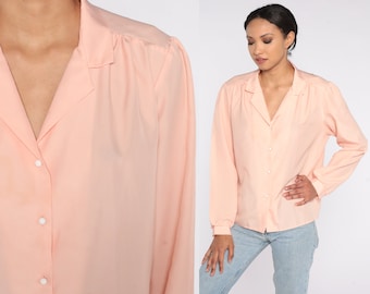 80s Peach Blouse Pastel Button Up Shirt Pink Collared Long Sleeve Top Boho Secretary Blouse Preppy Bohemian Vintage 1980s Extra Large xl