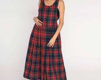 Vestido estilo pichi a cuadros, estilo años 80, estilo midi, corte tubo, rojo y verde, estilo pichi vintage retro sin mangas, estilo colegiala, talla mediana y grande