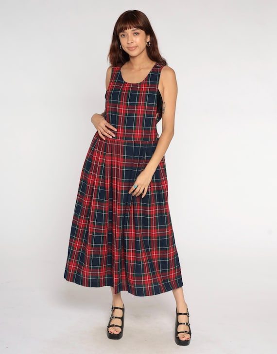 Plaid Pinafore Dress 80s Jumper Midi Dress Sheath Red Green Pinafore 1980s Vintage Retro Sleeveless School Girl Tartan Pinafore Medium Large
