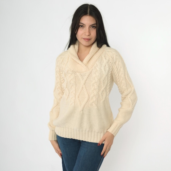 Vintage Aran Sweater 90s Cream Merino Wool Cable Knit Pullover Ireland Inis Crafts Fisherman Sweater 1990s Knit Rolled Shawl Collar Small S