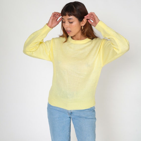 Yellow Sweater 80s Pullover Knit Sweater Crew Neck Slouchy Plain Basic Pastel Knitwear Crewneck Jumper Minimal Acrylic Vintage 1980s Small S